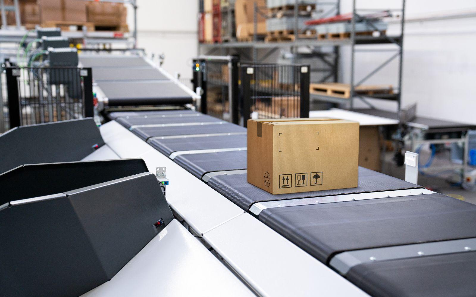 Cardboard carton on a belt sorter conveyor line with paddle diverters either side