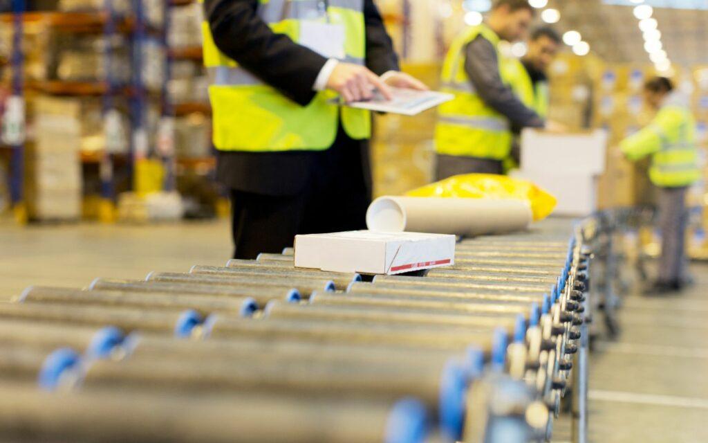 Warehouse staff in high visibility vests handling parcels at a roller conveyor