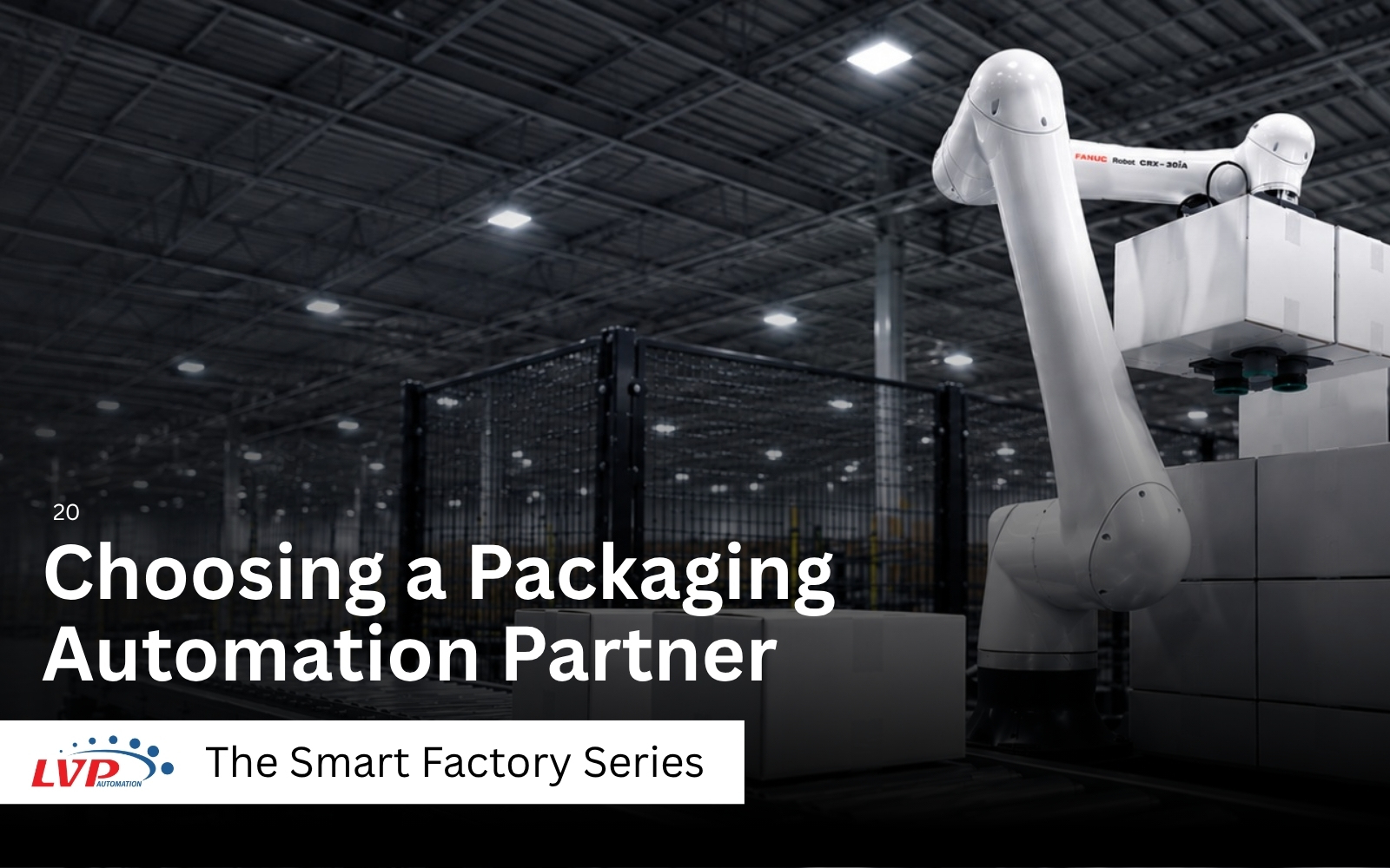 Choosing a Packaging Automation Partner, from the LVP Automation Smart Factory Series: a collaborative robot arm palletising cartons inside a guarded cell